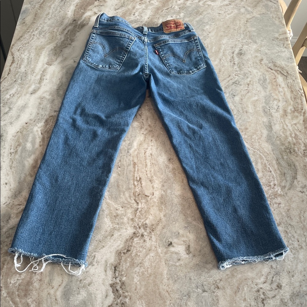 Levi's Wedgie Button Fly Straight 27 Classic Blue Jeans with Frayed Hem